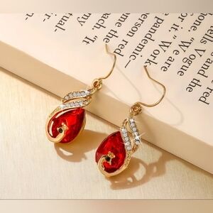 5/20 Elegant Gold and Red Swan Teardrop Earrings